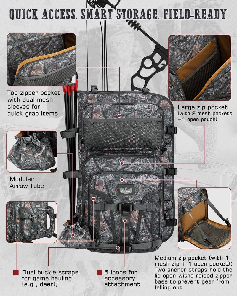 Gonex Bow Hunting Backpack for Men with Detachable Arrow Tube, 900D Waterproof Polyester, Full-Padded Protection, Archery Saddle Bag with Multi-Pockets & Game Hauling Straps for Compound Bow - Image 3